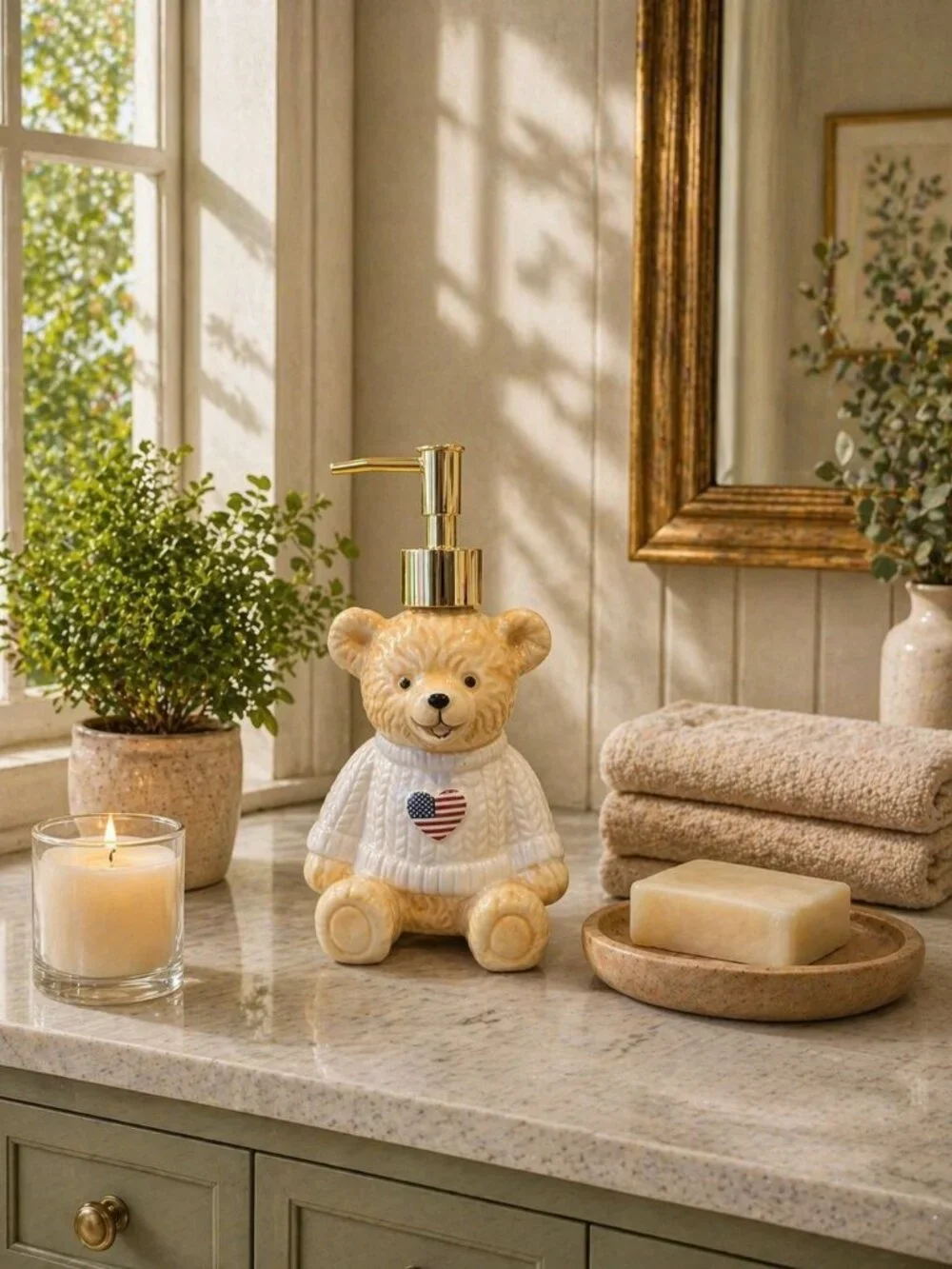 New Dabney Lee Teddy Bear Heart American Soap Dispenser Kitchen / Bathroom